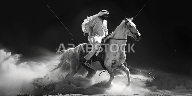 قضاء وقت ممتع مع جواد أصيل في الطبيعة الصحراوية، محميات لتدريب الجياد في المملكة العربية السعودية، صورة بالأسود والأبيض لفارس عربي سعودي خليجي يرتدي الزي التقليدي يمتطي فرسه، ممارسة هواية ركوب الخيل، توارث حب الخيول بين ابناء الوطن