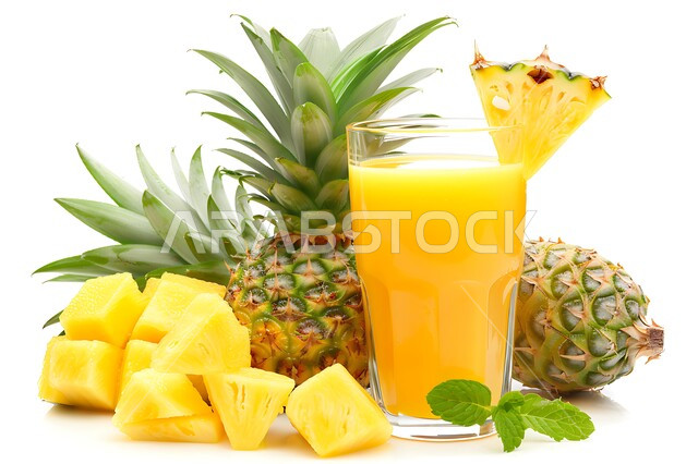 عصائر صحية ومفيدة ومغذية، مشاريب طبيعية باردة شهية، ثمار ومحاصيل زراعية وطنية محلية سعودية، مشروبات فواكه موسمية منعشة، كأس من عصير فاكهة الأنانس اللذيذة، خلفية بيضاء