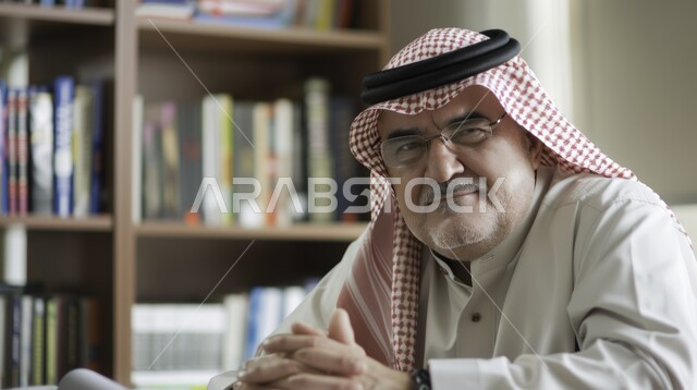 Taking care of the external appearance, a close-up photo of a handsome Saudi Arabian Gulf man wearing a thobe and shemagh looking at the camera, gestures of pleasure and self-confidence, a personal photo for official documents, the concept of elegance and self-care.