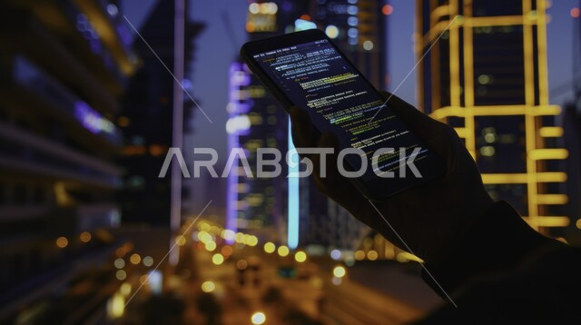 خوارزميات واكواد برمجية، تكنولوجيا المعلومات ومفهوم الامن السيبراني، صورة مقربة ليد رجل عربي سعودي خليجي يجلس أمام أجهزة الكومبيوتر المضيئة، الاتصال الالكتروني العالمي عبر اجهزة الحاسوب، رؤية مستقبليه 2030