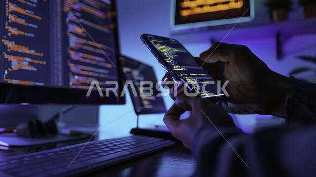 رؤية مستقبليه 2030، خوارزميات واكواد برمجية، تكنولوجيا المعلومات ومفهوم الامن السيبراني، صورة مقربة ليد رجل عربي سعودي خليجي يجلس أمام أجهزة الكومبيوتر المضيئة، الاتصال الالكتروني العالمي عبر اجهزة الحاسوب