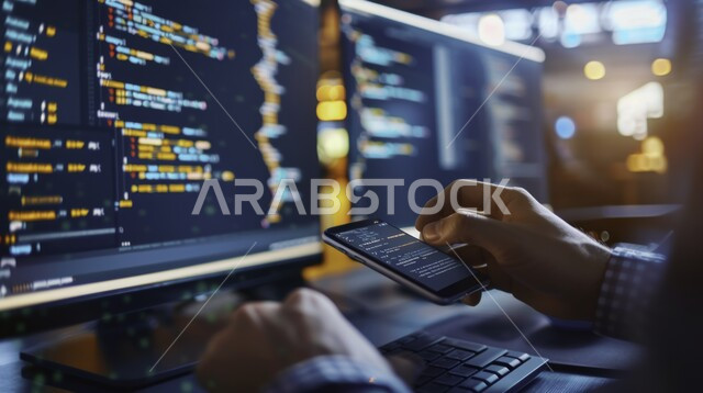 Global electronic communication through computers, future vision 2030, algorithms and programming codes, information technology and the concept of cybersecurity, a close-up photo of the hand of a Saudi Arabian Gulf man sitting in front of illuminated computers.