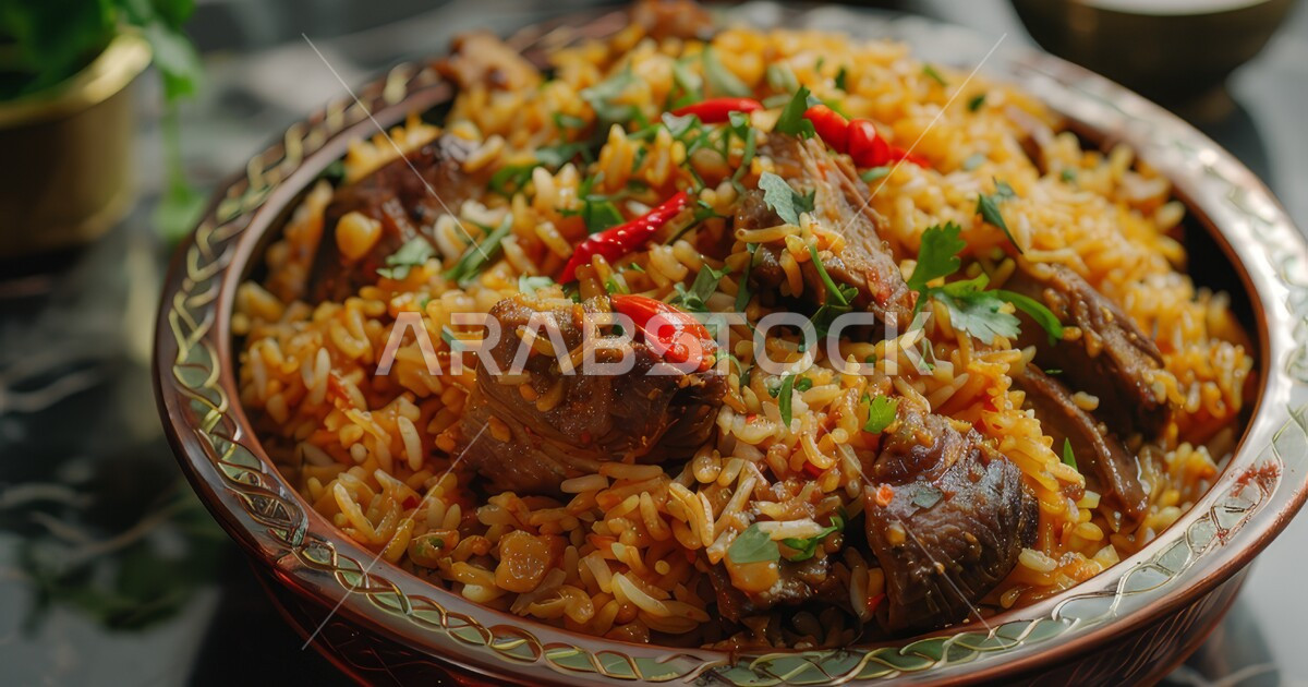 Arabic Cook Traditional Arabic banquets and popular dishes, a plate of Kabsa rice ...