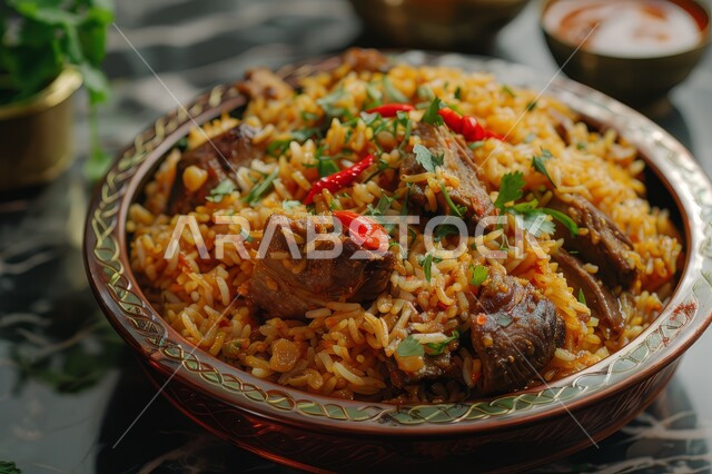 ولائم وأطباق عربية تقليدية شعبية، طبق من أرز الكبسة مع قطع اللحم المزين بالبقدونس، المأكولات والوجبات الشرقية، مطابخ ومطاعم المملكة العربية السعودية، وصفات الطعام الشهية