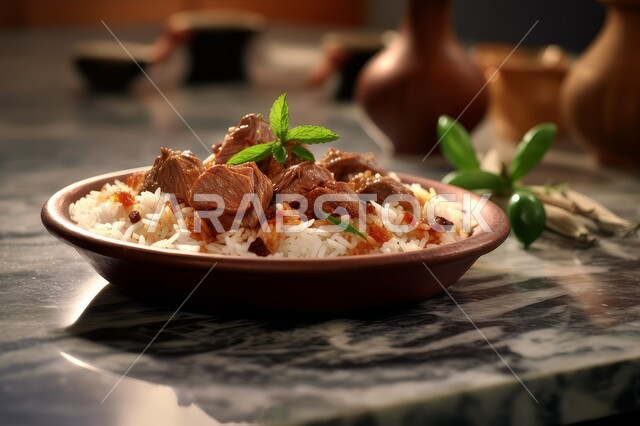 ولائم وأطباق عربية تقليدية شعبية، طبق من أرز الكبسة مع قطع اللحم المزين بالبقدونس، المأكولات والوجبات الشرقية، مطابخ ومطاعم المملكة العربية السعودية، وصفات الطعام الشهية