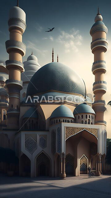 أماكن لأداء الفرائض والصلوات والتقرب إلى الله، مجسم ثلاثي الأبعاد لمسجد بتصاميم على الطراز الاسلامي، الفن الهندسي المعماري لبناء المساجد في المملكة العربية السعودية، المعالم الدينية الإسلامية المقدسة، القبب والمآذن الشامخة