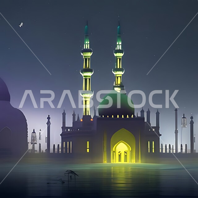 أداء الفرائض والصلوات والتقرب إلى الله، مجسم ثلاثي الأبعاد لمسجد بتصاميم على الطراز الاسلامي، الفن الهندسي المعماري لبناء المساجد في المملكة العربية السعودية، المعالم الدينية الإسلامية المقدسة، القبب والمآذن الشامخة