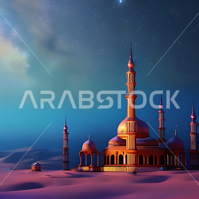 أداء الفرائض والصلوات والتقرب إلى الله، مجسم ثلاثي الأبعاد لمسجد بتصاميم على الطراز الاسلامي، الفن الهندسي المعماري لبناء المساجد في المملكة العربية السعودية، المعالم الدينية الإسلامية المقدسة، القبب والمآذن الشامخة