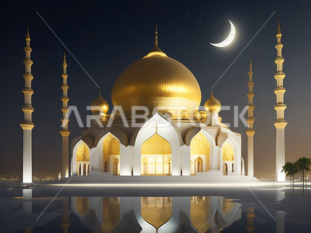 المعالم الدينية الإسلامية المقدسة, القبب والمآذن الشامخة, أداء الفرائض والصلوات والتقرب إلى الله، مجسم ثلاثي الأبعاد لمسجد بتصاميم على الطراز الاسلامي، الفن الهندسي المعماري لبناء المساجد في المملكة العربية السعودية