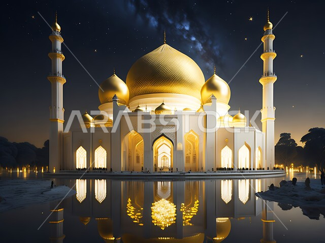 المعالم الدينية الإسلامية المقدسة, القبب والمآذن الشامخة, أداء الفرائض والصلوات والتقرب إلى الله، مجسم ثلاثي الأبعاد لمسجد بتصاميم على الطراز الاسلامي، الفن الهندسي المعماري لبناء المساجد في المملكة العربية السعودية