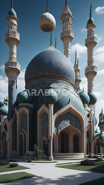 المعالم الدينية الإسلامية المقدسة, القبب والمآذن الشامخة, أداء الفرائض والصلوات والتقرب إلى الله، مجسم ثلاثي الأبعاد لمسجد بتصاميم على الطراز الاسلامي، الفن الهندسي المعماري لبناء المساجد في المملكة العربية السعودية