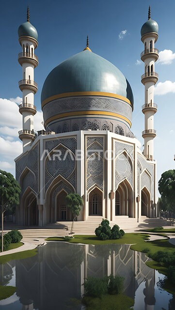 المعالم الدينية الإسلامية المقدسة, القبب والمآذن الشامخة, أداء الفرائض والصلوات والتقرب إلى الله، مجسم ثلاثي الأبعاد لمسجد بتصاميم على الطراز الاسلامي، الفن الهندسي المعماري لبناء المساجد في المملكة العربية السعودية