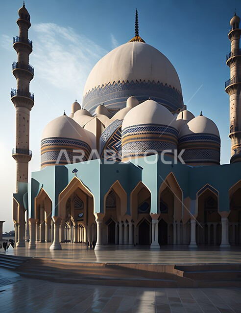 المعالم الدينية الإسلامية المقدسة, القبب والمآذن الشامخة, أداء الفرائض والصلوات والتقرب إلى الله، مجسم ثلاثي الأبعاد لمسجد بتصاميم على الطراز الاسلامي، الفن الهندسي المعماري لبناء المساجد في المملكة العربية السعودية