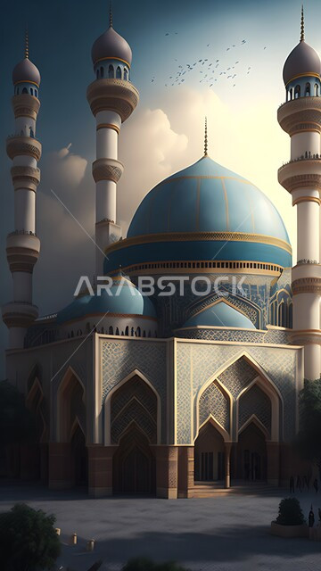 المعالم الدينية الإسلامية المقدسة, القبب والمآذن الشامخة, أداء الفرائض والصلوات والتقرب إلى الله، مجسم ثلاثي الأبعاد لمسجد بتصاميم على الطراز الاسلامي، الفن الهندسي المعماري لبناء المساجد في المملكة العربية السعودية