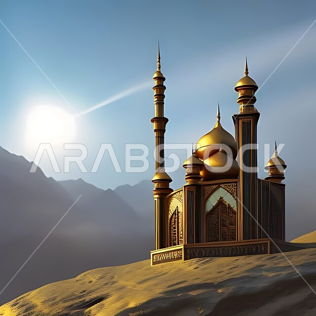 3D model of a mosque with Islamic style designs, architectural engineering art of building mosques in the Kingdom of Saudi Arabia, sacred Islamic religious landmarks, towering domes and minarets, performing religious duties and prayers and getting closer to God