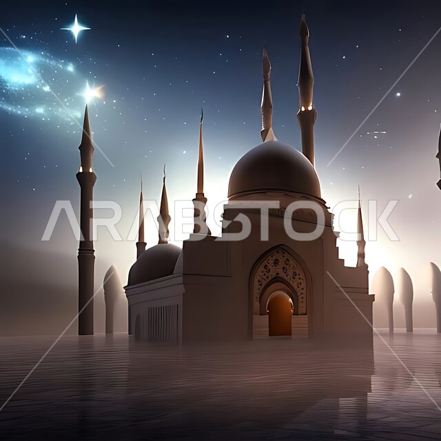 3D model of a mosque with Islamic style designs, architectural engineering art of building mosques in the Kingdom of Saudi Arabia, sacred Islamic religious landmarks, towering domes and minarets, performing religious duties and prayers and getting closer to God