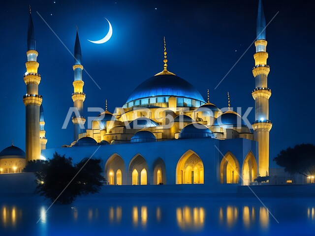 3D model of a mosque with Islamic style designs, architectural engineering art of building mosques in the Kingdom of Saudi Arabia, sacred Islamic religious landmarks, towering domes and minarets, performing religious duties and prayers and getting closer to God