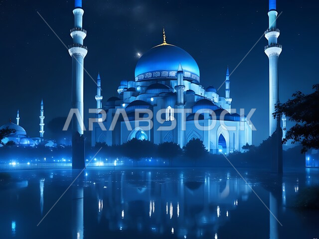 مجسم ثلاثي الأبعاد لمسجد بتصاميم على الطراز الاسلامي, الفن الهندسي المعماري لبناء المساجد في المملكة العربية السعودية, المعالم الدينية الإسلامية المقدسة, القبب والمآذن الشامخة, أداء الفرائض والصلوات والتقرب إلى الله