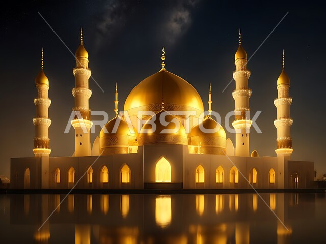 3D model of a mosque with Islamic style designs, architectural engineering art of building mosques in the Kingdom of Saudi Arabia, sacred Islamic religious landmarks, towering domes and minarets, performing religious duties and prayers and getting closer to God