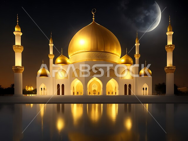 مجسم ثلاثي الأبعاد لمسجد بتصاميم على الطراز الاسلامي, الفن الهندسي المعماري لبناء المساجد في المملكة العربية السعودية, المعالم الدينية الإسلامية المقدسة, القبب والمآذن الشامخة, أداء الفرائض والصلوات والتقرب إلى الله