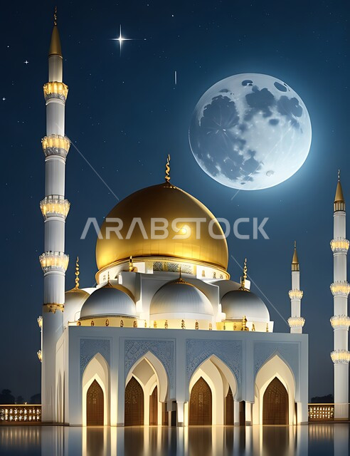 3D model of a mosque with Islamic style designs, architectural engineering art of building mosques in the Kingdom of Saudi Arabia, sacred Islamic religious landmarks, towering domes and minarets, performing religious duties and prayers and getting closer to God