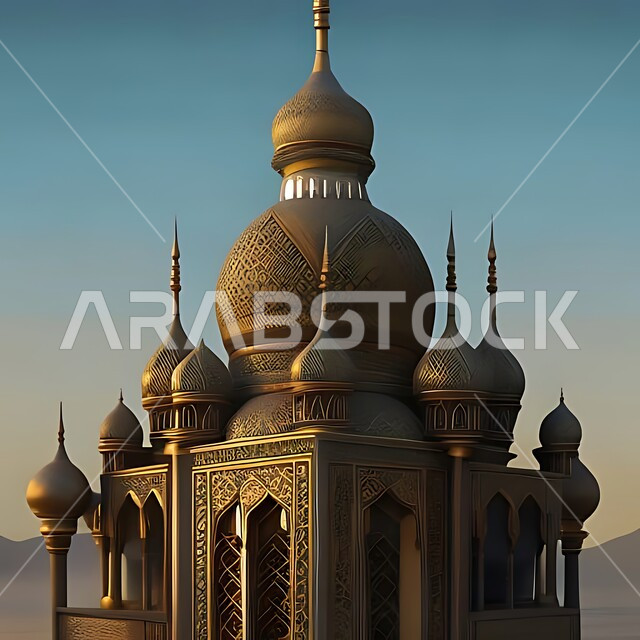 الفن الهندسي المعماري لبناء المساجد في المملكة العربية السعودية, المعالم الدينية الإسلامية المقدسة, القبب والمآذن الشامخة, أداء الفرائض والصلوات والتقرب إلى الله، مجسم ثلاثي الأبعاد لمسجد بتصاميم على الطراز الاسلامي