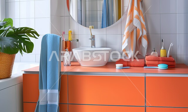 التصاميم العصرية للمغاسل والحمامات في المملكة, شقق وفلل سكنية في السعودية، حمام بديكورات داخلية معاصرة, استخدام ألوان زاهية في الأثاث والمقتنيات, منزل حديث بمغسلة ومرآة لها شكل دائري 