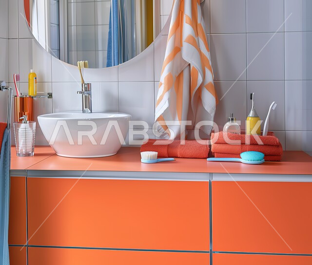 منزل حديث بمغسلة ومرآة لها شكل دائري, شقق وفلل سكنية في السعودية، حمام بديكورات داخلية معاصرة, استخدام ألوان زاهية في الأثاث والمقتنيات, التصاميم العصرية للمغاسل والحمامات في المملكة