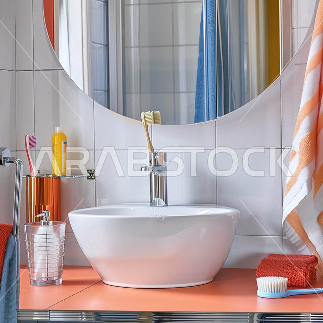 حمام بديكورات داخلية معاصرة, شقق وفلل سكنية في السعودية، استخدام ألوان زاهية في الأثاث والمقتنيات, منزل حديث بمغسلة ومرآة لها شكل دائري, التصاميم العصرية للمغاسل والحمامات في المملكة