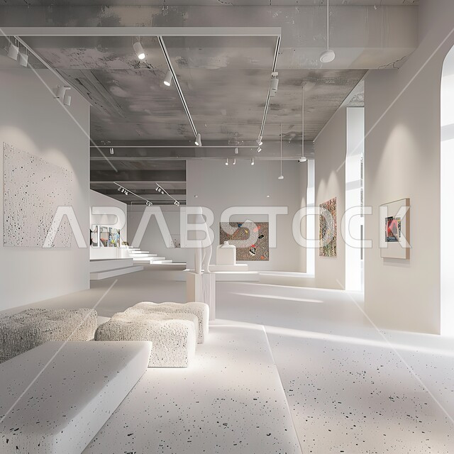 Displaying paintings, drawings and artistic works, art exhibitions in the Kingdom of Saudi Arabia, interest in all types of arts, white exhibition decorations and simple designs, an enjoyable cultural and entertaining visit