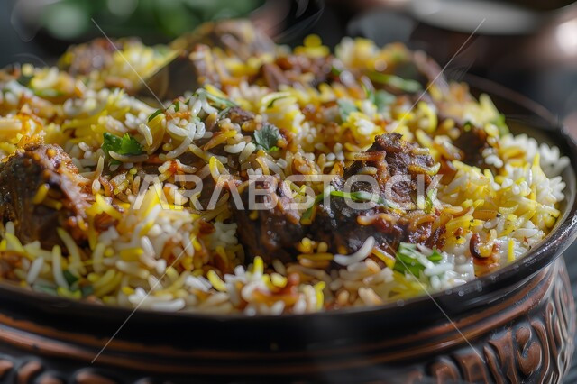 مطاعم المأكولات العربية الشعبية، طبق من أرز البرياني مع قطع من اللحم المشوي والخضار، وصفات الطعام الصحية الشهية، صحن من رز الكبسة بالتوابل، تقديم وجبات الأطعمة الشرقية اللذيذة