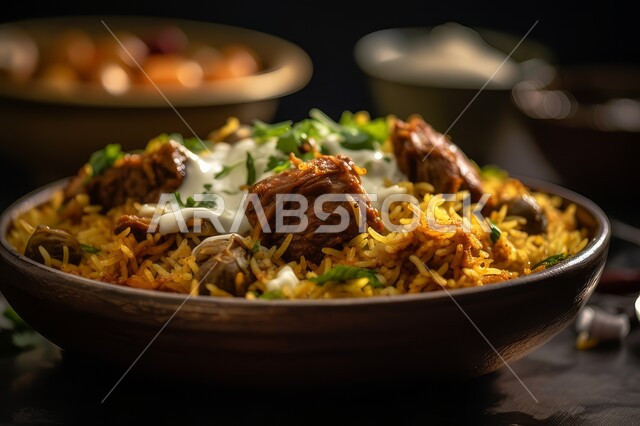 طبق من أرز البرياني مع قطع من اللحم المشوي والخضار، وصفات الطعام الصحية الشهية، أطباق ومأكولات عربية تقليدية، صحن من رز الكبسة بالتوابل، تقديم وجبات الأطعمة الشرقية اللذيذة