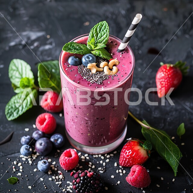 كوكتيل صيفي منعش ومثلج، صورة مقربة لكوب من عصير الفراولة اللذيذ المزين، مشروب بارد خليط من الفواكه والحليب، مشروبات باردة وعصائر طبيعية لذيذة، عصير صحي ومفيد