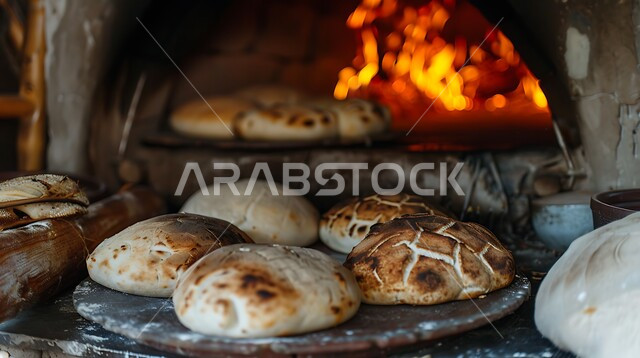أهمية وجود الخبز في المطبخ السعودي، العمل على انضاج المخبوزات، المخابز والأفران في المملكة العربية السعودية، فرن تنور تقليدي بداخله الأرغفة المفرودة المدورة، صورة مقربة لموقد الحطب المشتعل، تجهيز وتحضير خبز العجين، منتجات محلية سعودية