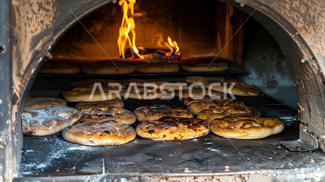 العمل على انضاج المخبوزات، المخابز والأفران في المملكة العربية السعودية، فرن تنور تقليدي بداخله الأرغفة المفرودة المدورة، أهمية وجود الخبز في المطبخ السعودي، صورة مقربة لموقد الحطب المشتعل، تجهيز وتحضير خبز العجين، منتجات محلية سعودية
