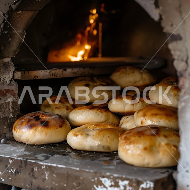 فرن تنور تقليدي بداخله الأرغفة المفرودة المدورة، أهمية وجود الخبز في المطبخ السعودي، العمل على انضاج المخبوزات، المخابز والأفران في المملكة العربية السعودية، صورة مقربة لموقد الحطب المشتعل، تجهيز وتحضير خبز العجين، منتجات محلية سعودية