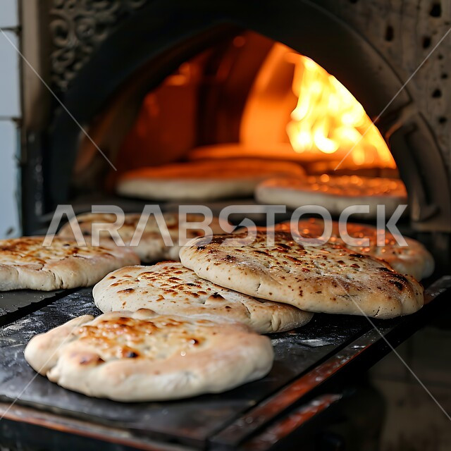 العمل على انضاج المخبوزات، المخابز والأفران في المملكة العربية السعودية، صورة مقربة لموقد الحطب المشتعل، فرن تنور تقليدي بداخله الأرغفة المفرودة المدورة، أهمية وجود الخبز في المطبخ السعودي، تجهيز وتحضير خبز العجين، منتجات محلية سعودية