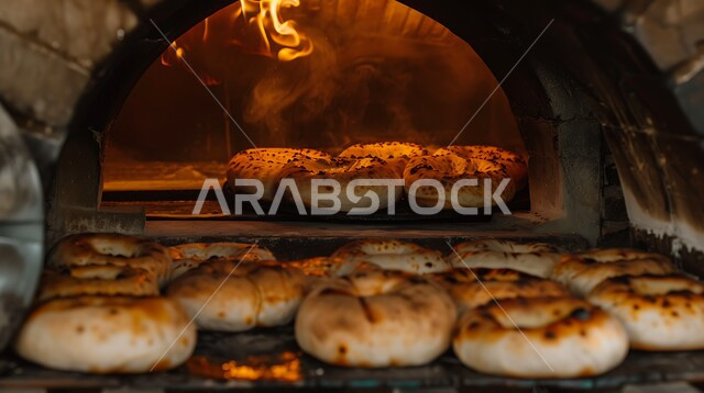 أهمية وجود الخبز في المطبخ السعودي، العمل على انضاج المخبوزات، المخابز والأفران في المملكة العربية السعودية، فرن تنور تقليدي بداخله الأرغفة المدورة، صورة مفربة لموقد الحطب المشتعل، تجهيز وتحضير خبز العجين، منتجات محلية سعودية