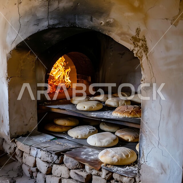 العمل على انضاج المخبوزات، المخابز والأفران في المملكة العربية السعودية، فرن تنور تقليدي بداخله الأرغفة المدورة، صورة جانبية لموقد الحطب المشتعل، أهمية وجود الخبز في المطبخ السعودي، تجهيز وتحضير خبز العجين، منتجات محلية سعودية
