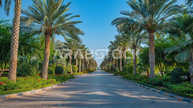 A walkway between palm trees, interest in planting trees and green plants in tourist areas in the Kingdom of Saudi Arabia, paved roads and streets, hiking, entertainment and spending a good time.