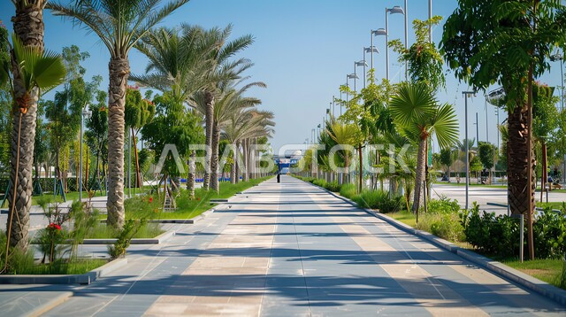 ممشى بين اشجار النخيل ، الاهتمام بزراعة الاشجار والنباتات الخضراء في المناطق السياحية في المملكة العربية السعودية، الطرق والشوراع المعبدة، التنزه و التسلية وقضاء الوقت الممتع