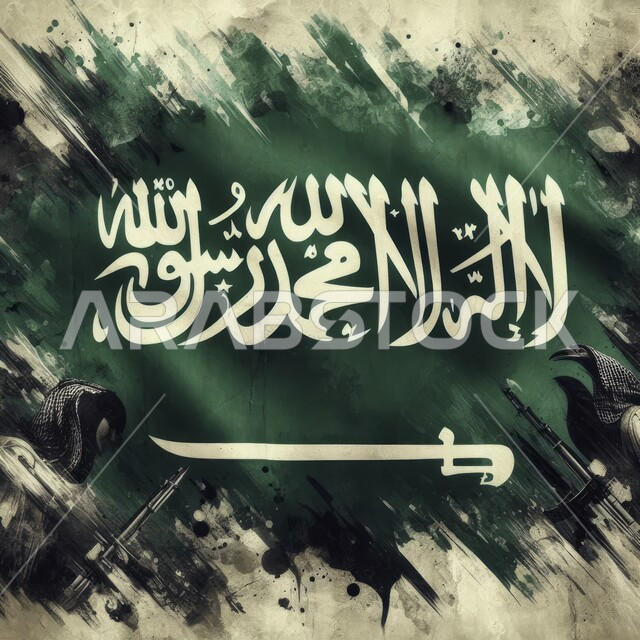 Raising the green flag of the Kingdom of Saudi Arabia on March 11, national occasions and holidays, the concept of love for the homeland and belonging to it, celebrating the anniversary of National Day September 23, the banner of monotheism and the sword of power, a beige background