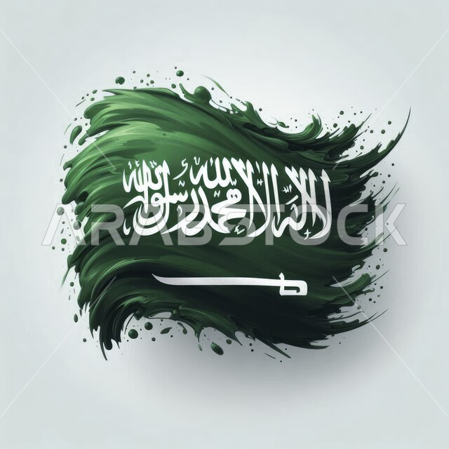Celebrating the anniversary of National Day on September 23, the banner of monotheism and the sword of power, raising the green flag of the Kingdom of Saudi Arabia on March 11, national events and holidays, the concept of love for the homeland and belonging to it, a gray background