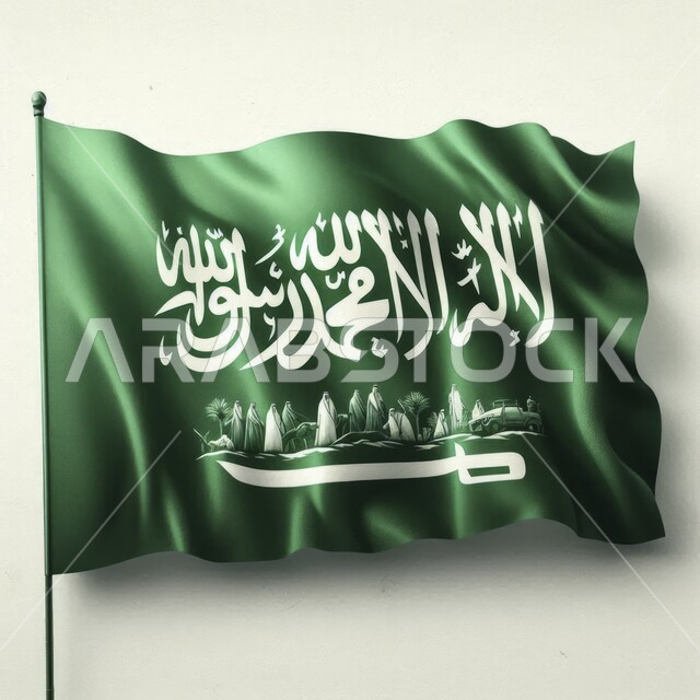 Raising the green flag of the Kingdom of Saudi Arabia on March 11, national occasions and holidays, the concept of love for the homeland and belonging to it, celebrating the anniversary of National Day on September 23, the banner of monotheism and the sword of power, a white background