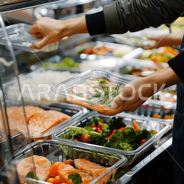 التسوق وشراء الاحتياجات والاستفادة من العروض والتخفيضات, صورة مقربة ليد رجل عربي خليجي سعودي يقوم باختيار السلمون المناسب، المنتجات والمواد الغذائية اللازمة للمستهلك, عرض منتجات وتموينات محلية في الماركت