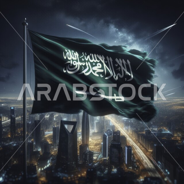 Raising the Kingdom's flag over commercial and residential facilities, urban development and growth in Saudi Arabia, the concept of patriotism and belonging to the homeland, Flag Day March 11, Saudi National Day September 23