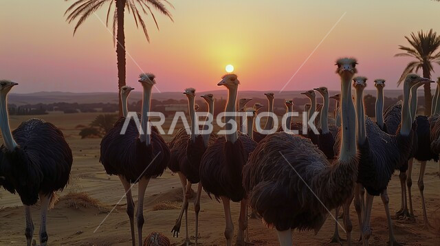 رعاية الحيوانات البرية، صورة مجموعة من النعام في محمية طبيعية، حماية الطيور في البراري في المملكة العربية السعودية، مزارع لتربية الحيوانات والماشية.