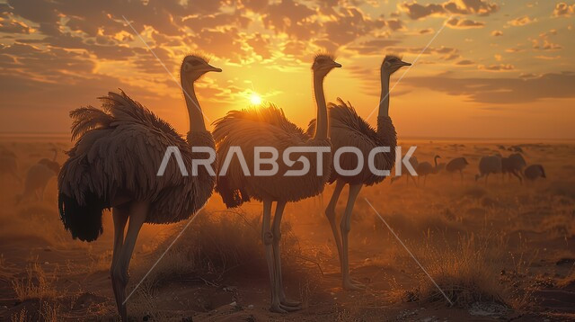 رعاية الحيوانات البرية، صورة مجموعة من النعام في محمية طبيعية، حماية الطيور في البراري في المملكة العربية السعودية، مزارع لتربية الحيوانات والماشية.