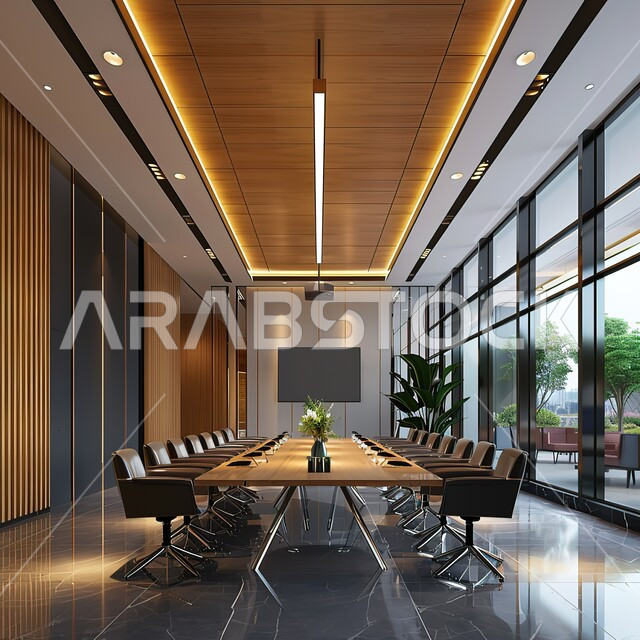 غرفة اجتماعات واسعة مع طاولة محاطة بكراسي فاخرة، تصميم عصري حديث لمكاتب الشركات السعودية، مكتب عمل مزود بشاشة تلفاز، غرف مكتبية بتصاميم داخلية وديكورات راقية