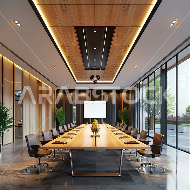 غرفة اجتماعات واسعة مع طاولة محاطة بكراسي فاخرة، تصميم عصري حديث لمكاتب الشركات السعودية، مكتب عمل مزود بشاشة تلفاز، غرف مكتبية بتصاميم داخلية وديكورات راقية